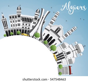 Algiers Skyline with Gray Buildings, Blue Sky and Copy Space. Vector Illustration. Business Travel and Tourism Concept with Historic Architecture. Image for Presentation Banner Placard and Web Site.