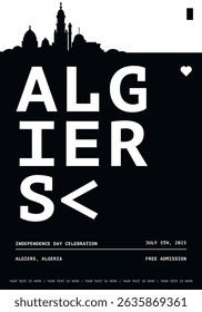 Algiers typography minimalist vector poster for event, national festival, independence day, holiday layout. Brochure, leaflet, flyer, presentation monochrome image template with text for Algeria city