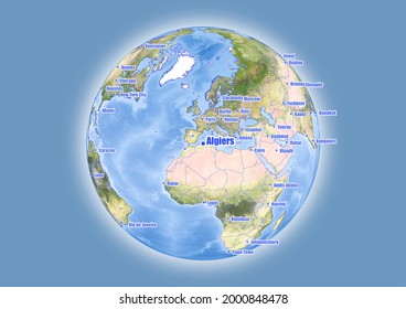 Algiers-Algeria is shown on vector globe map. The map shows Algiers-Algeria 's location in the world.