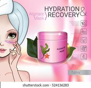 Alginate Peel-Off Powder facial Mask ads. Vector Illustration with manga style girl and alginate mask container.