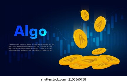 Algo Algorand coins falling vector.Blue background with graph.Cryptocurrency concept.Digital currency.Algorand token.