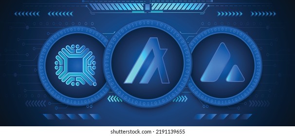 Algorand ALGO, Avalanche AVAX and QTUM crypto currency coins logo and symbol set vector technology illustration banner and background