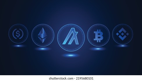Algorand (ALGO), Bitcoin (BTC), Ethereum (ETH), Binance (BNB) and USD Coin (USDC) crypto currency logo and symbol set vector futuristic banner svg