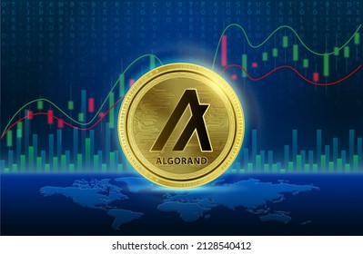 Algorand (ALGO) coin 3D Vector illustration. Cryptocurrency blockchain Future digital replacement technology alternative currency, Silver golden stock chart. List of variou coin, symbol is background.