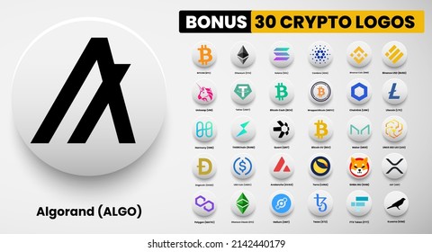 Algorand ALGO crypto logo symbols of cryptocurrency. Set of Bitcoin, Ethereum, Solana, Binance Coin, Binance USD, litecoin,avalanche, chainlink, maker, dogecoin, USD Coin, Shiba Inu, Polygon, Helium