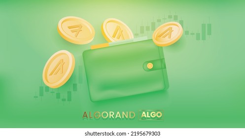 Algorand ALGO cryptocurrency 3D coins floating with wallet illustration on financial graph background vector illustration wallpaper and banner design