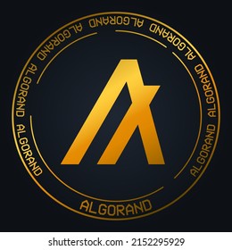Algorand ALGO cryptocurrency golden symbol on black background. Blockchain currency banner for Chia icon. Black and gold vector illustration.