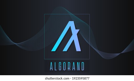 Algorand cryptocurrency colorful gradient logo on dark background with thin line wave.