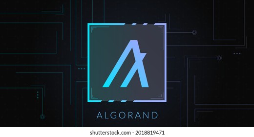 Algorand cryptocurrency logo on dark background with circuits decoration.