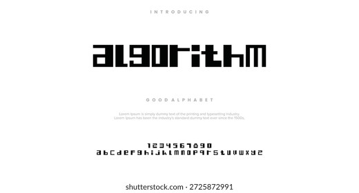 Algoritmo Abstractas Alfabeto tipográfico de la moda. Fuentes urbanas modernas mínimas para el logotipo, la marca, etc. Tipografía tipografía mayúscula minúscula y número. Ilustración vectorial