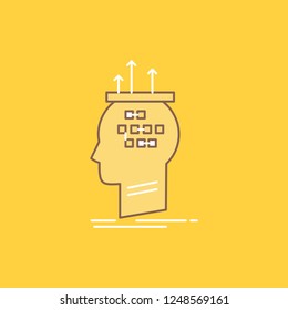 Algorithm, brain, conclusion, process, thinking Flat Line Filled Icon. Beautiful Logo button over yellow background for UI and UX, website or mobile application