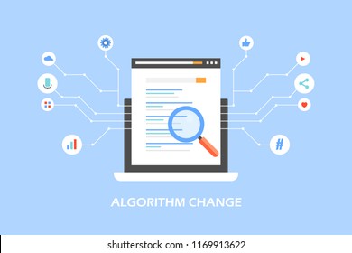 Algorithm change, update, search engine algorithm signals flat design vector concept with icons on blue background