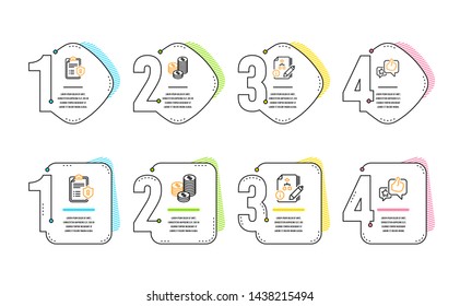 Algorithm, Coins and Privacy policy icons simple set. Like sign. Project, Cash money, Checklist. Star rating. Infographic timeline. Line algorithm icon. 4 options or steps. Vector
