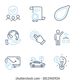 Algorithm, Computer mouse and Pumpkin seed line icons set. Diploma certificate, save planet, group of people. Touchscreen gesture, Parking security and Seo idea signs. Vector