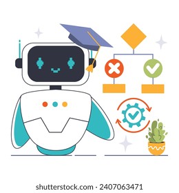 Algorithm concept. A friendly robot with a graduation cap represents the learning aspect of AI, next to a flowchart with decision paths. Flat vector illustration