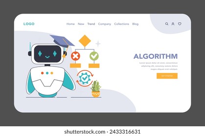 Algorithm concept. A friendly robot with a graduation cap represents the learning aspect of AI, next to a flowchart with decision paths. Flat vector illustration