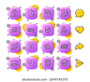 Algorithm, Confirmed mail and Copywriting notebook line icons. App 3d buttons. Social media comment, share, like icons. Pack of Timer, Good mood, Internet icon. Vector