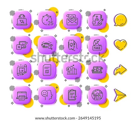 Algorithm, Confirmed mail and Copywriting notebook line icons. App 3d buttons. Social media comment, share, like icons. Pack of Timer, Good mood, Internet icon. Vector