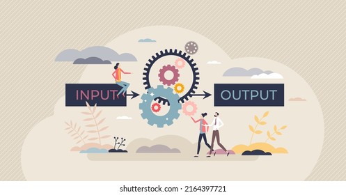 Algorithm data input and output process visualization tiny person concept. Programming and coding set of rules for website automation and information management vector illustration. Computer analysis.