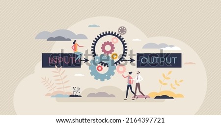 Algorithm data input and output process visualization tiny person concept. Programming and coding set of rules for website automation and information management vector illustration. Computer analysis.