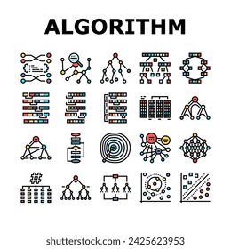 algorithm data technology ai icons set vector. software digital, computer process, information security, web financial, network algorithm data technology ai color line illustrations