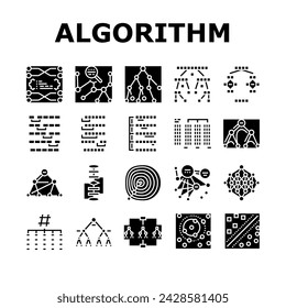 algorithm data technology ai icons set vector. software digital, computer process, information security, web financial, network algorithm data technology ai glyph pictogram Illustrations