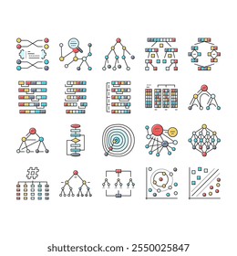 algorithm data technology ai icons set vector. software digital, computer process, information security, web financial, network algorithm data technology ai color line illustrations