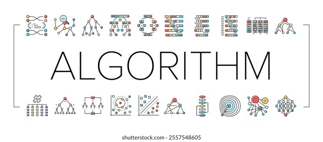algorithm data technology ai icons set vector. software digital, computer process, information security, web financial, network algorithm data technology ai color line illustrations
