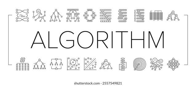 algorithm data technology ai icons set vector. software digital, computer process, information security, web financial, network algorithm data technology ai black contour illustrations
