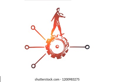 Algorithm, Data, User, Element, Software Concept. Hand Drawn Man On Cogwheel And Scheme Concept Sketch. Isolated Vector Illustration.