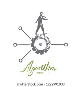 Algorithm, Data, User, Element, Software Concept. Hand Drawn Man On Cogwheel And Scheme Concept Sketch. Isolated Vector Illustration.