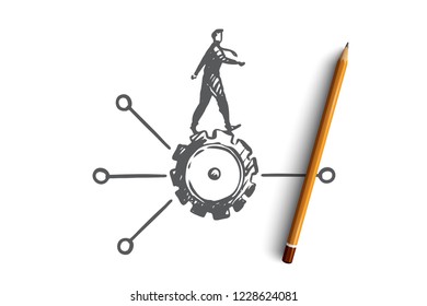 Algorithm, Data, User, Element, Software Concept. Hand Drawn Man On Cogwheel And Scheme Concept Sketch. Isolated Vector Illustration.