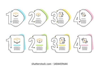 Algorithm, Delivery box and Opened box icons simple set. Technical algorithm sign. Project, Cargo package, Shipping parcel. Project doc. Industrial set. Infographic timeline. Line algorithm icon