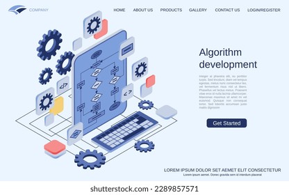 Algorithm development, program coding, software improvement modern 3d isometric vector concept illustration. Landing page design template