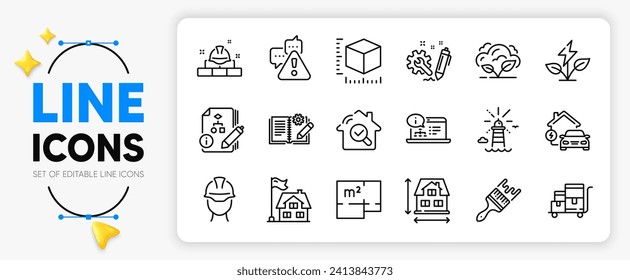 Algorithm, Engineering documentation and Building line icons set for app include Lighthouse, Package size, Foreman outline thin icon. Brush, Eco power, Inventory cart pictogram icon. Vector