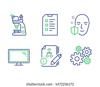 Algorithm, Face protection and Checklist line icons set. Microscope, Monitor and Cogwheel signs. Project, Secure access, Data list. Chemistry laboratory. Science set. Vector