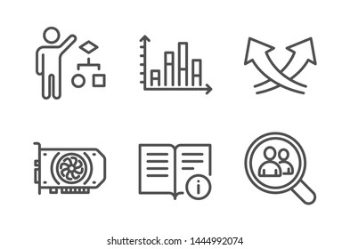 Algorithm, Gpu and Diagram graph icons simple set. Intersection arrows, Technical info and Search employees signs. Developers job, Graphic card. Science set. Line algorithm icon. Editable stroke