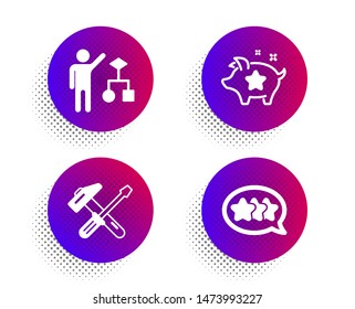 Algorithm, Hammer tool and Loyalty points icons simple set. Halftone dots button. Stars sign. Developers job, Repair screwdriver, Piggy bank. Customer feedback. Technology set. Vector