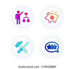 Algorithm, Hammer tool and Loyalty points icons simple set. Button with halftone dots. Stars sign. Developers job, Repair screwdriver, Piggy bank. Customer feedback. Technology set. Vector