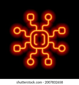 Algorithm icon, api integration, data software. Orange neon style on black background. Light linear icon with editable stroke