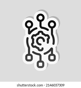 Algorithm icon, api integration, data software. Linear sticker, white border and simple shadow on gray background