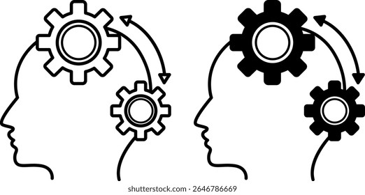 Algorithm Icons. Black And White Vector Illustrations. Clear Sequence Of Actions That Gives A Pre-Known Result. Human Head And Gears. Concept Psychology