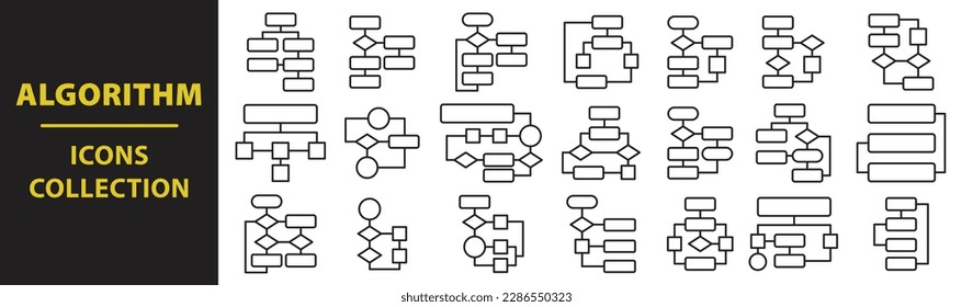 Algorithm icons set. Outlined classification diagram chart sign collecion. flowchart prototype vector symbol in black color. application interaction integration. prototype design. Data structures logo