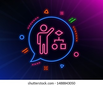 Algorithm line icon. Neon laser lights. Business management sign. Development symbol. Glow laser speech bubble. Neon lights chat bubble. Banner badge with algorithm icon. Vector