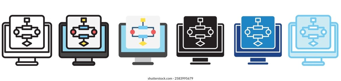 Algorithm multi-style icon, outline, flat, glyph, dual tone, line color. use for UI, UX, app and web development, digital or print. for digital industry, education, technology.