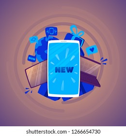 Algorithm of new technologies. Smartphone on a chocolate background. Written New.