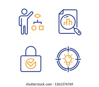 Algorithm, Password encryption and Analytics graph icons simple set. Idea sign. Developers job, Protection locker, Chart report. Solution. Technology set. Linear algorithm icon. Colorful design set