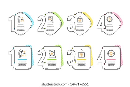 Algorithm, Password encryption and Analytics graph icons simple set. Idea sign. Developers job, Protection locker, Chart report. Solution. Technology set. Infographic timeline. Line algorithm icon