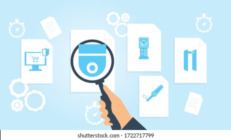 Algorithm, search, code file, document research vector illustration. Document with search icons. File and magnifying glass. Analytics research sign. Vector Illustration