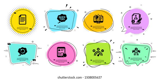 Algorithm, Sharing economy and File line icons set. Chat bubbles with quotes. Internet report, Quick tips and Correct answer signs. Recovery data, Creative design symbols. Project, Share. Vector
